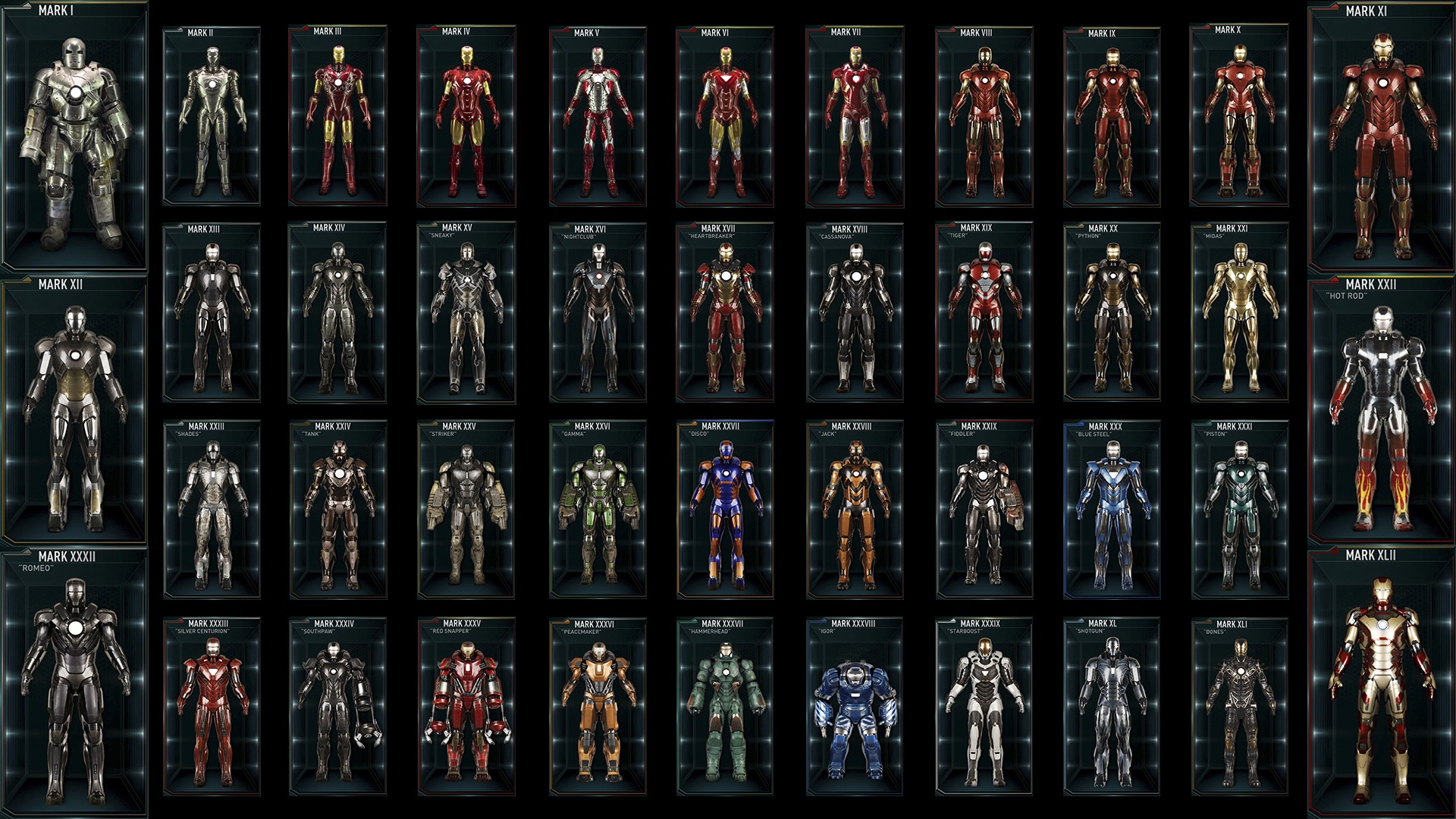 I compiled all of the Iron Man suits into a 1920 x 1080 Wallpaper. : movies