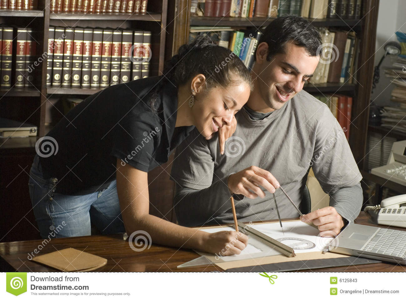 Couple Study in Library - Horizontal Stock Image - Image of books ...
